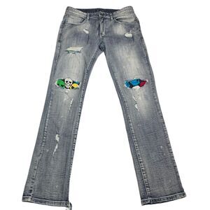 INC Berlin Slim Straight Jeans Men 32x34 Skull Patch Distressed Denim
